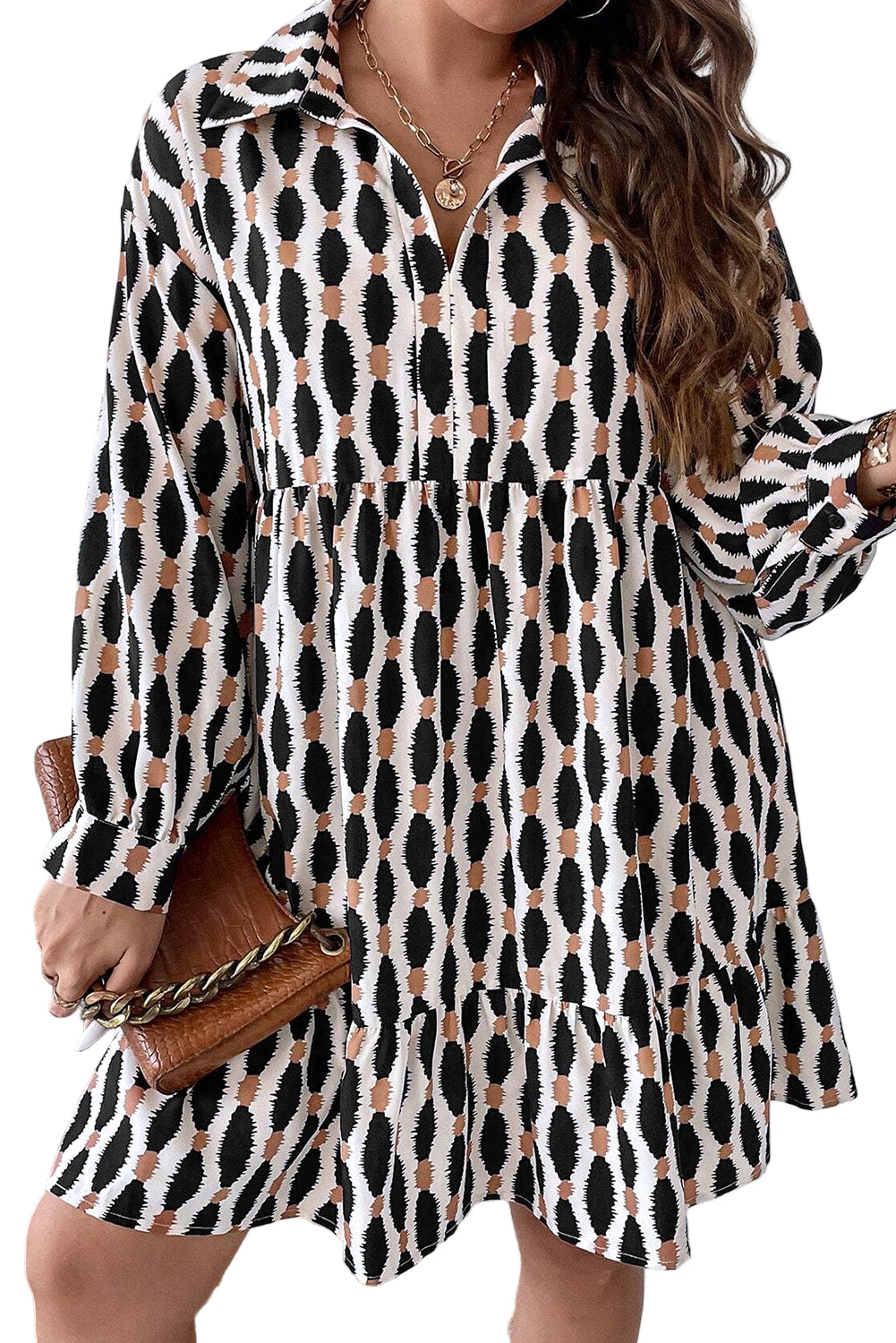 Apricot Geometric Print Collared V Neck Plus Size Mini Dress Garden Naked Curves