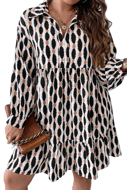 Apricot Geometric Print Collared V Neck Plus Size Mini Dress Garden Naked Curves