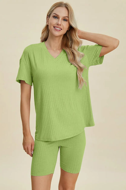 Basic Bae Full Size Ribbed V-Neck Short Sleeve Top and Shorts Set New Era Fashion LLc