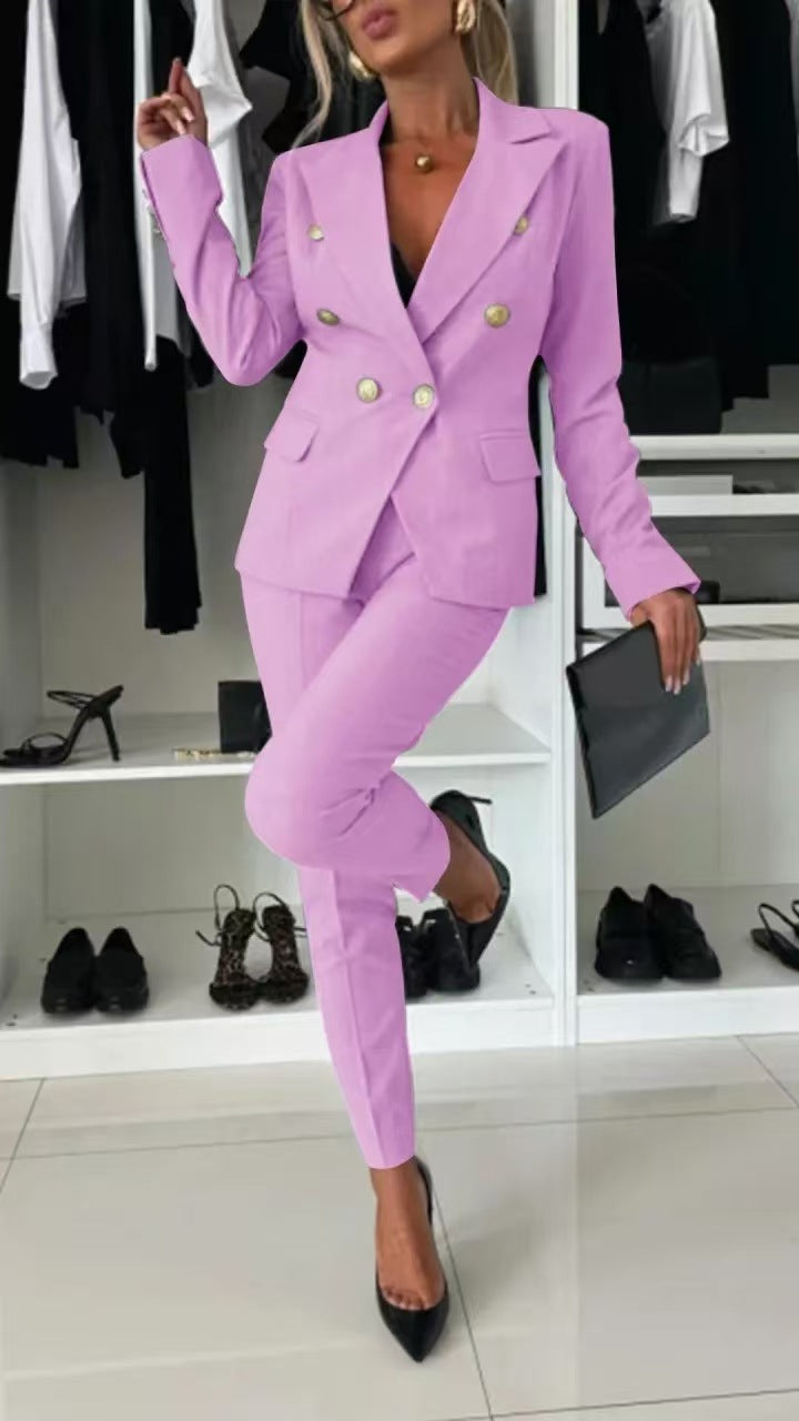 Double-Breasted Lapel Blazer & Zip-Up Trousers Suit FitiqueFit