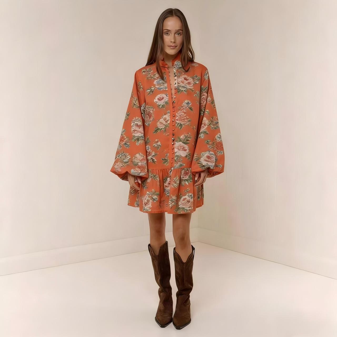 Digital Print Lantern Sleeve Linen Midi Dress – Loose Fit Pullover FitiqueFit