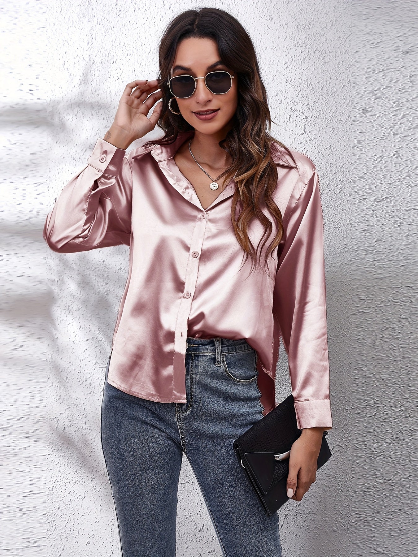 Hot Style In-Kind Shooting Satin Shirt Women'S Satin Imitation Long-Sleeved Shirt New European And American Cross-Border Women'S Clothing NovaCart