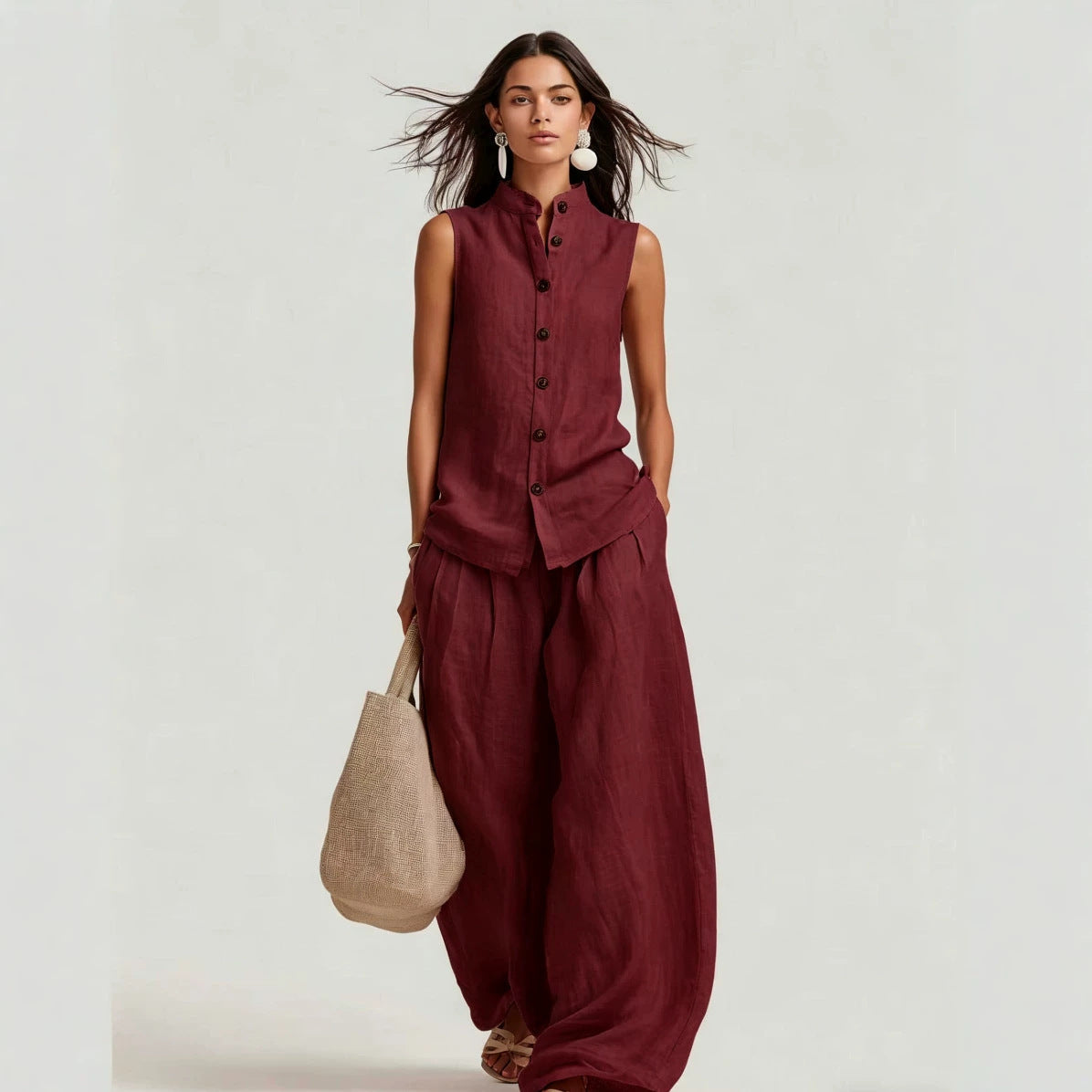 Women's Stand Collar Sleeveless Top & High-Waist Wide-Leg Pants Set FitiqueFit