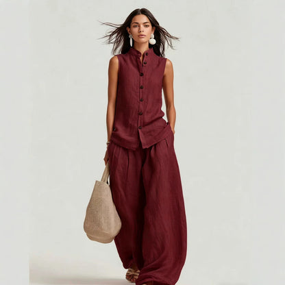 Women's Stand Collar Sleeveless Top & High-Waist Wide-Leg Pants Set FitiqueFit