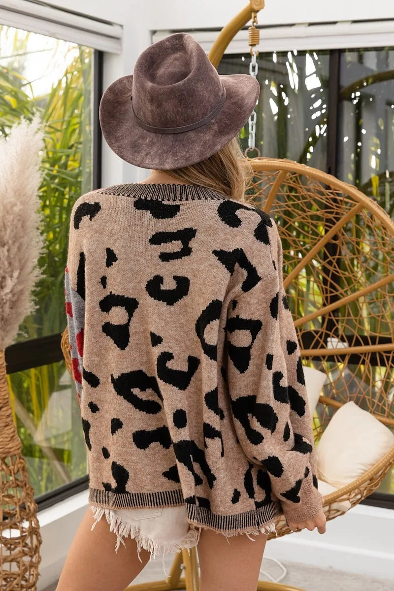 BiBi Leopard Color Block Button Down Sweater Cardigan West2East Surf