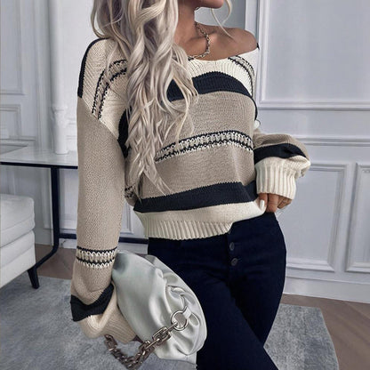 Women's French Vintage Striped Sweater | V-Neck Long Sleeve Stretch Knit FitiqueFit