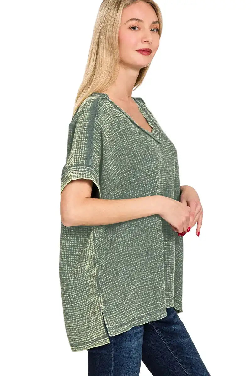 Zenana Acid Washed Double Gauze V-Neck Tee West2East Surf
