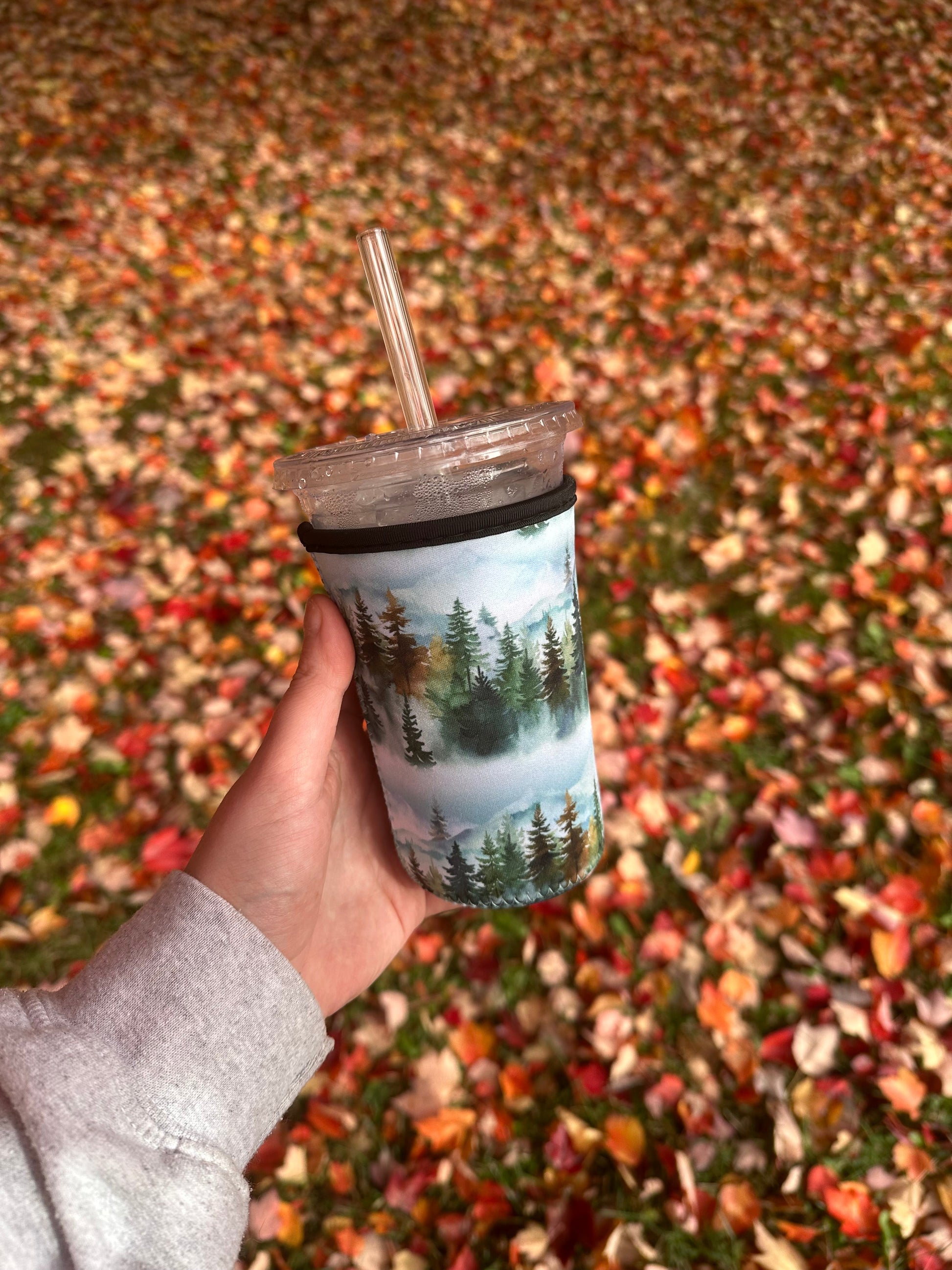 Forest mountain Coffee Sleeve | Reusable Neoprene Iced Coffee Cup Cover 16-24oz Cowboy Print Eco-Friendly Insulator for Grande & Venti Cups BashDesignsCo