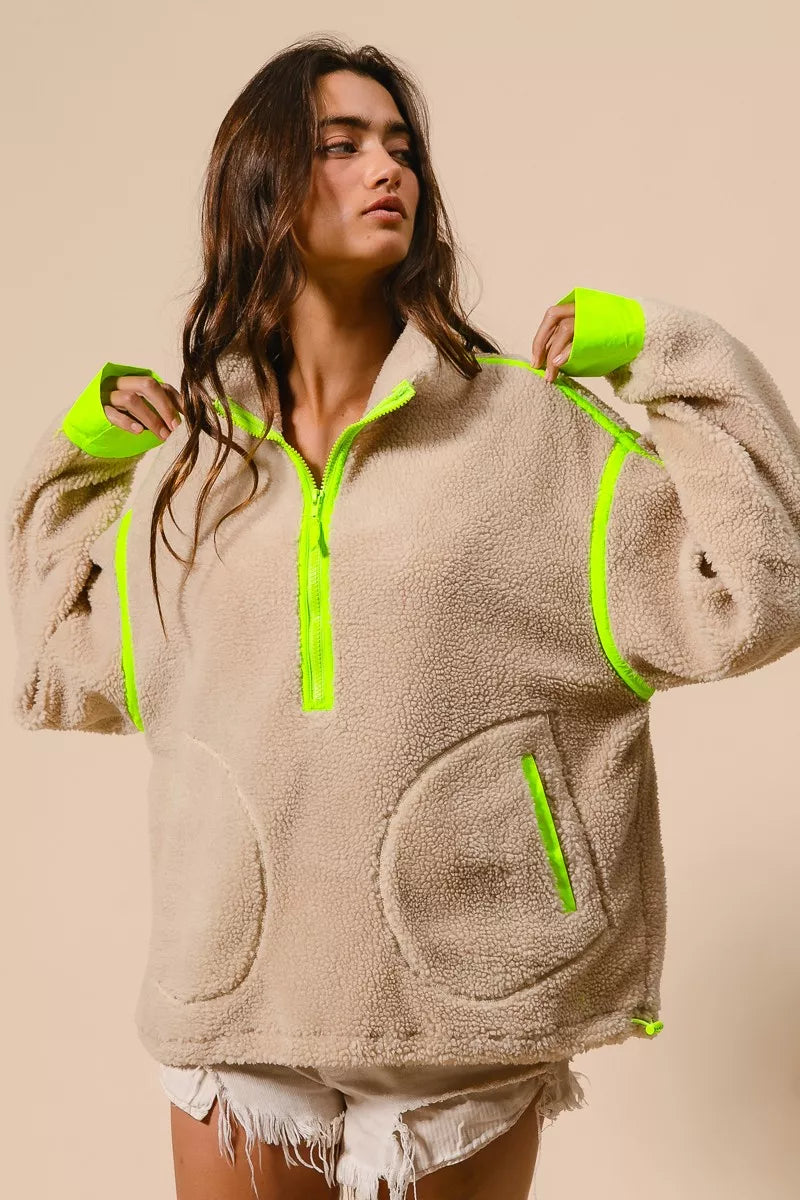 BiBi Contrast Edge Half Zip Up Sherpa Jacket FitiqueFit