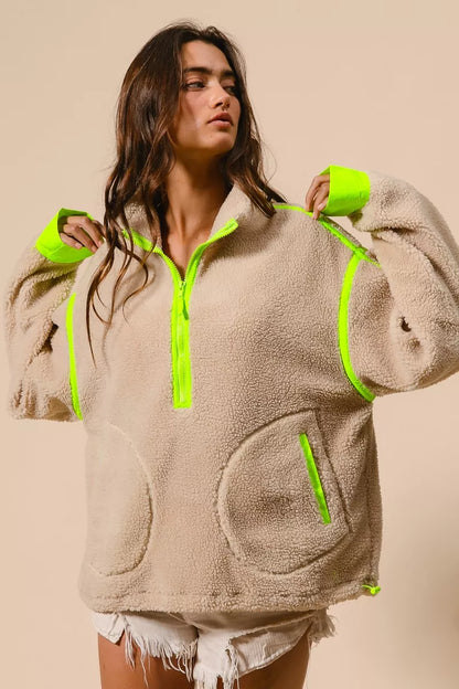 BiBi Contrast Edge Half Zip Up Sherpa Jacket FitiqueFit