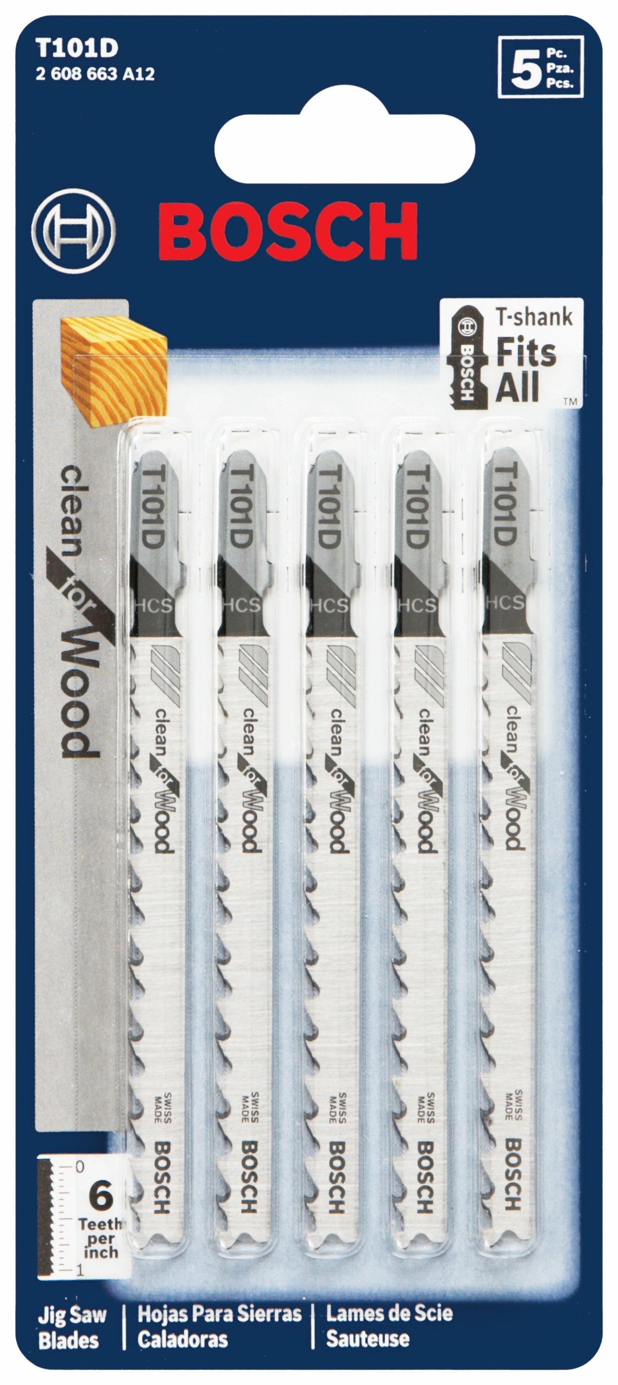 BOSCH T101D 5 pc. 4 In. 6 TPI Clean for Wood T-Shank Jig Saw Blades VM Hardware