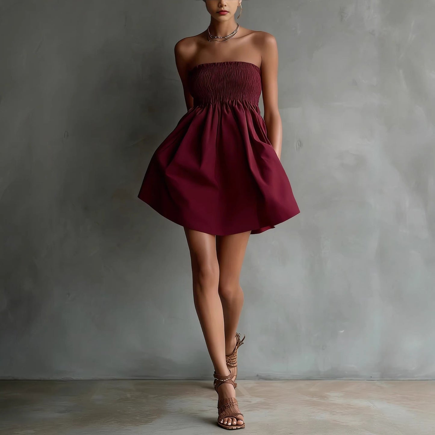 Women's Strapless Tube Mini Dress – Solid Color Elastic Waist FitiqueFit