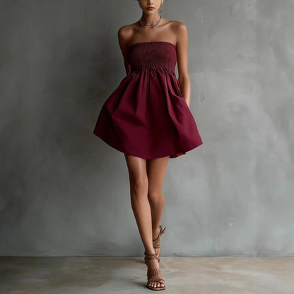 Women's Strapless Tube Mini Dress – Solid Color Elastic Waist FitiqueFit