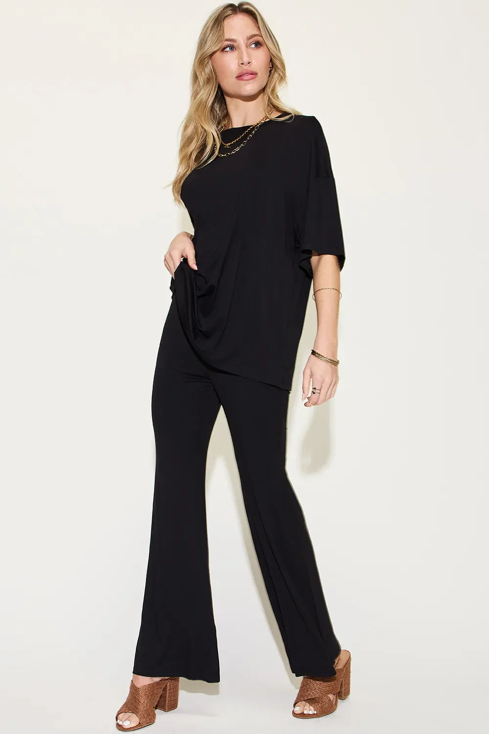 Basic Bae Full Size Bamboo Drop Shoulder T-Shirt and Flare Pants Set New Era Fashion LLc