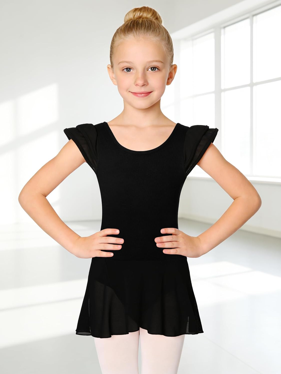 Girls’ Ballet Dance Leotards with Flutter Sleeve Petal Skirt and Bowknot Back
