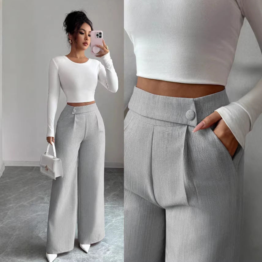 Women's High-Waist Straight-Leg Pants – Solid Color Button Detail Full Length FitiqueFit