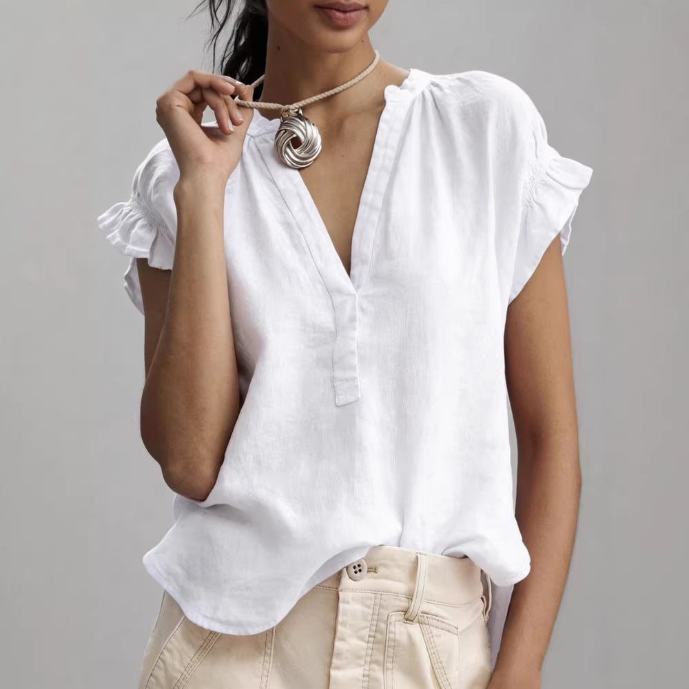 V-Neck Petal Sleeve Cotton-Linen Solid Top – 4 Colors, S–2XL FitiqueFit