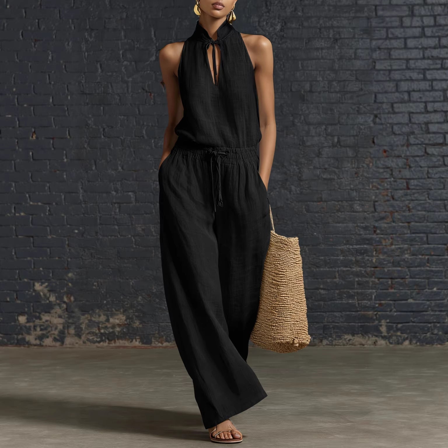 Women's Cotton Linen Sleeveless Top & Wide-Leg Pants Two-Piece Set FitiqueFit