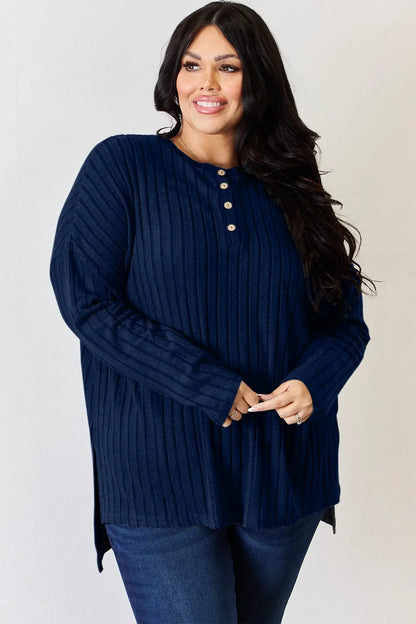 Basic Bae Full Size Ribbed Half Button Long Sleeve High-Low T-Shirt New Era Fashion LLc