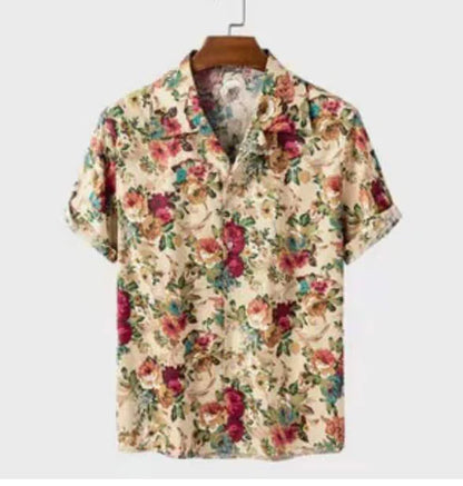 Men's  Floral Print Cotton-Linen Short Sleeve Shirt
