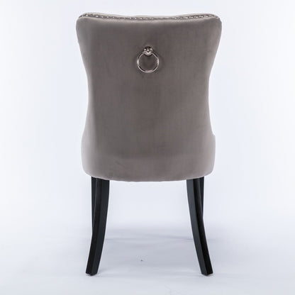 Modern high-end plush solid wood velvet cushioned dining chair with wooden leg nail head decoration, two piece set in gray