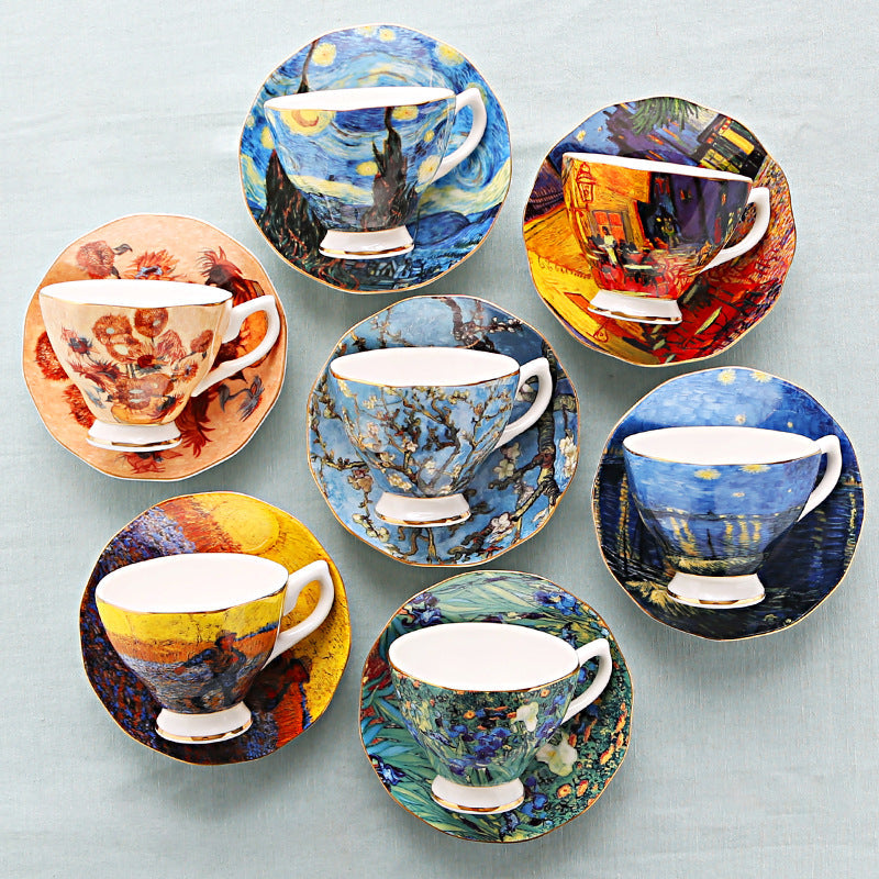 British Luxe Saucer and Spoon Afternoon Tea Cup with Van Gogh Oil Painting Design, Bone China Coffee Cup, Creative Souvenir Ceramic Mug