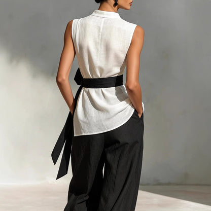 Women's Lace-Up Sleeveless Top & Wide-Leg Pants Two-Piece Set – White FitiqueFit