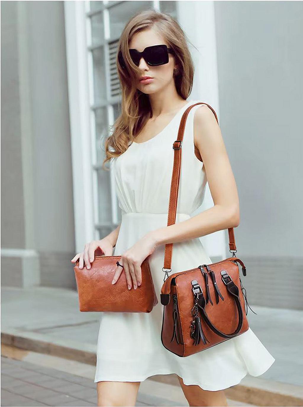 Vintage Leather 4-Piece Messenger Bag Set | Luxury Leather Tote, Clutch & Wallet Set Country in My Heart