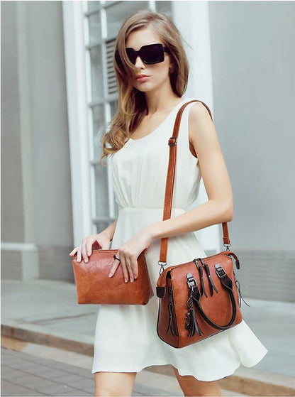 Vintage Leather 4-Piece Messenger Bag Set | Luxury Leather Tote, Clutch & Wallet Set Country in My Heart