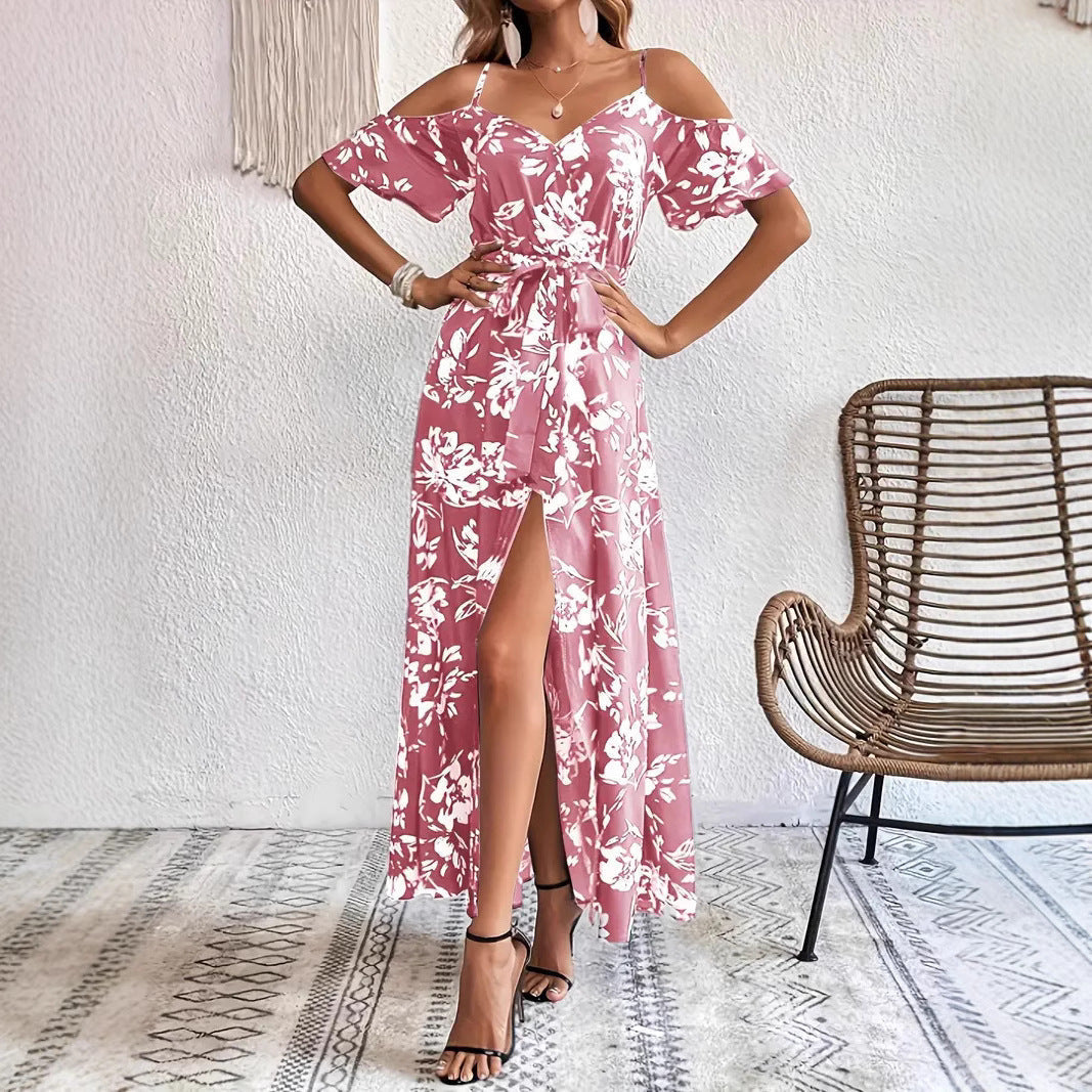 Ins Off-Shoulder Split Dress Summer Floral Print Suspender Long Dresses With Belt Design Women's Beach Clothing Grayceful LLC