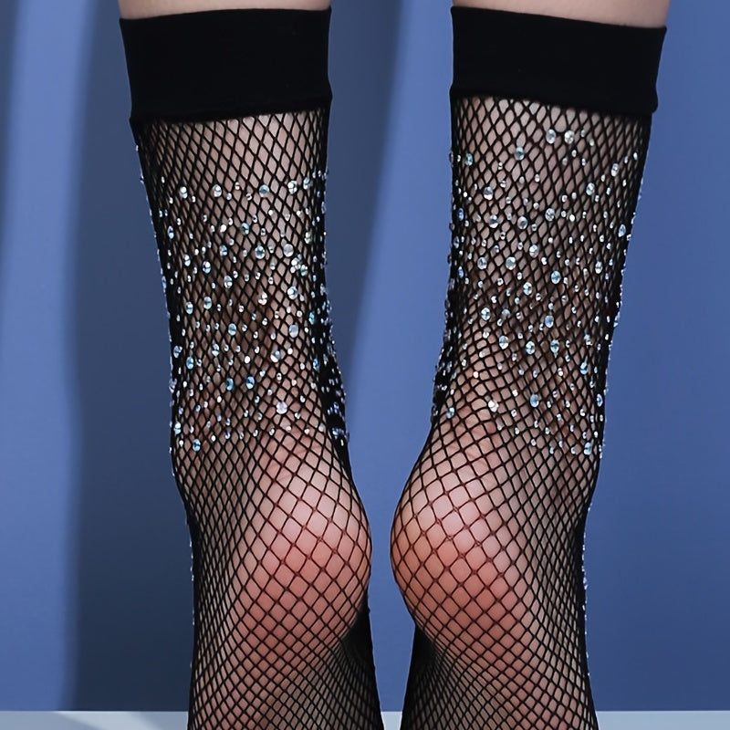 A Pair of Mid-calf Socks with Small Mesh and Rhinestone Decoration NovaCart