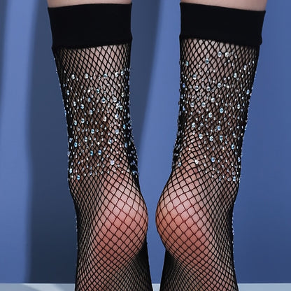 A Pair of Mid-calf Socks with Small Mesh and Rhinestone Decoration NovaCart