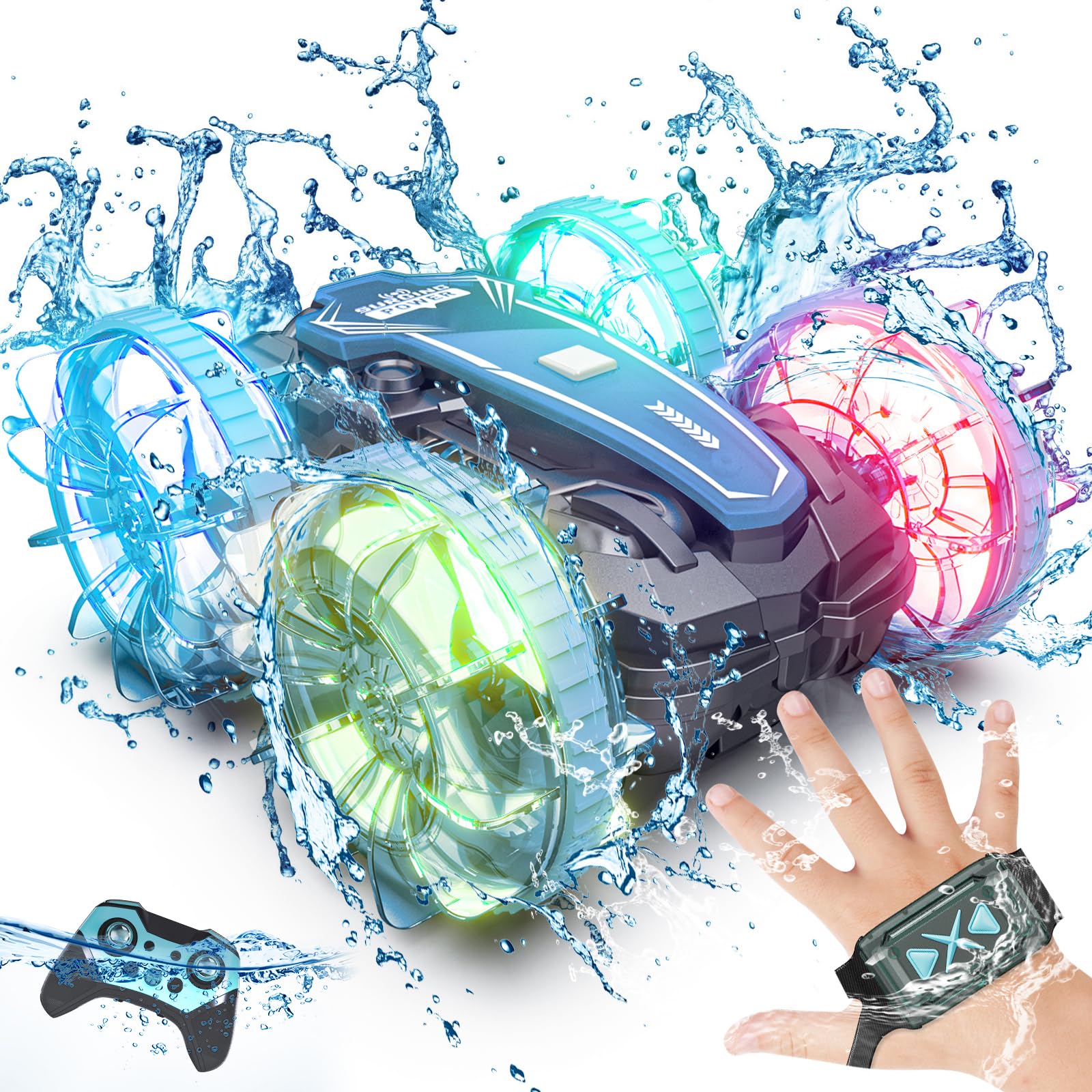 Tecnock Amphibious Remote Control Car Boat 4WD Gesture RC Car with Waterproof Remote Control RC Stunt Car with LED Lights Pool Toys for Kids Ages 8-12 Toys Gifts for Boys Girls New Era Fashion LLc