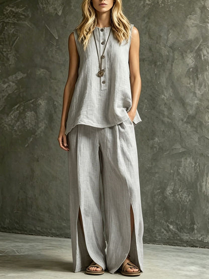 Women's Loose Sleeveless Tank Top & Slit Wide-Leg Pants Two-Piece Set FitiqueFit