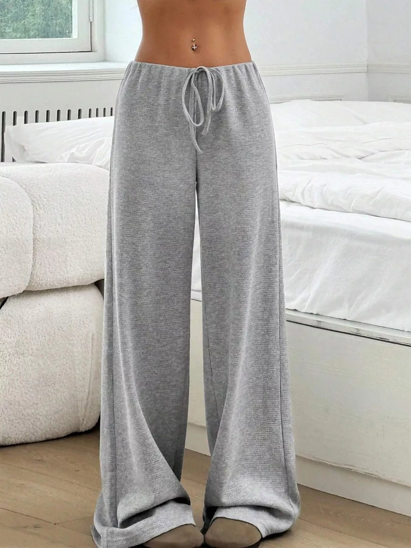Striped Ribbed Knit Drawstring Waist Wide Leg Pants New Era Fashion LLc