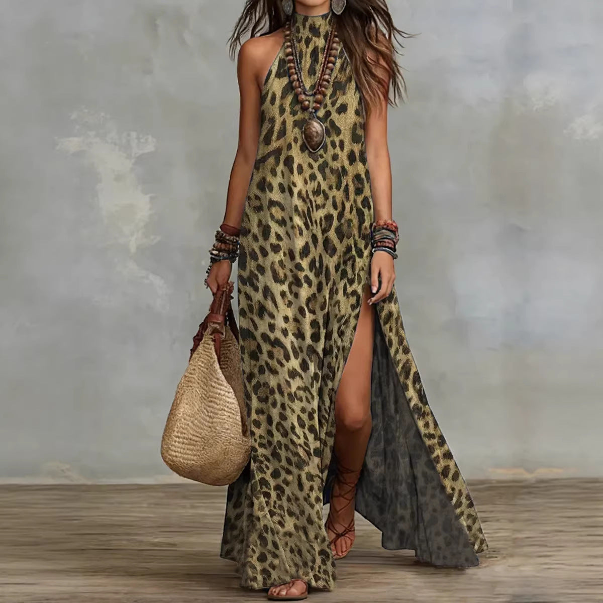 Women's Printed Scarf-Style Maxi Dress – Sleeveless, Split, Loose Boho FitiqueFit