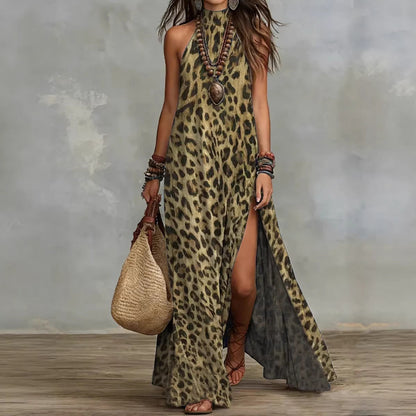 Women's Printed Scarf-Style Maxi Dress – Sleeveless, Split, Loose Boho FitiqueFit