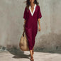 Women's V-Neck Loose Cropped-Sleeve Linen Midi Dress with Pockets FitiqueFit