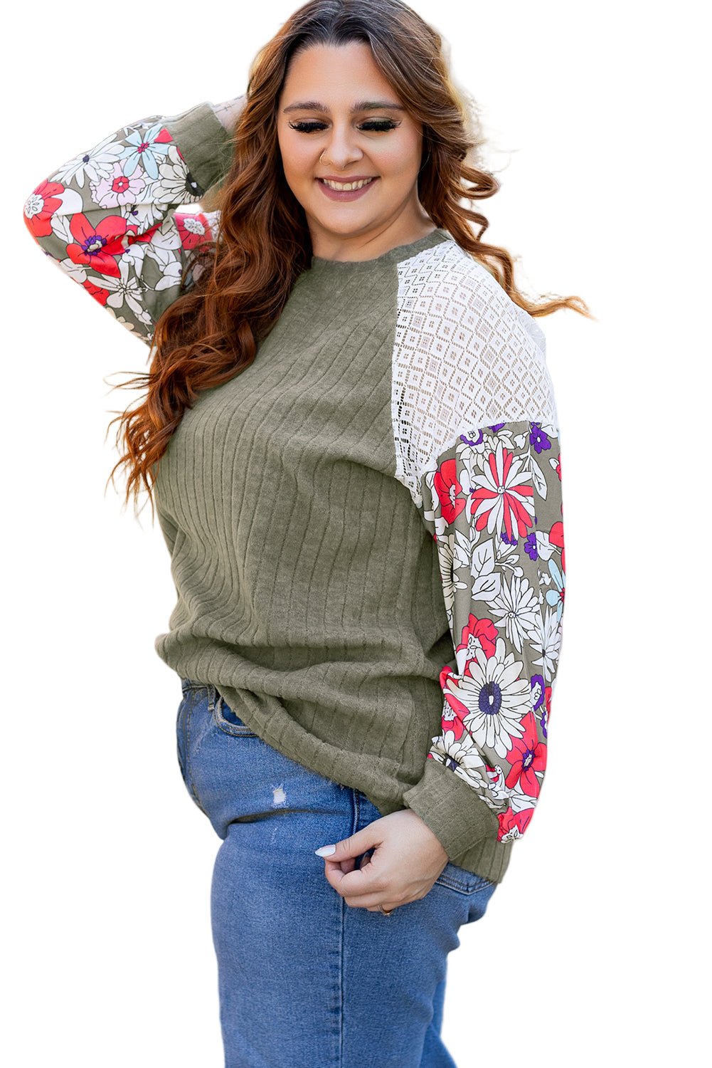 Vineyard Green Plus Size Textured Floral Patchwork Raglan Sleeve Top Garden Naked Curves