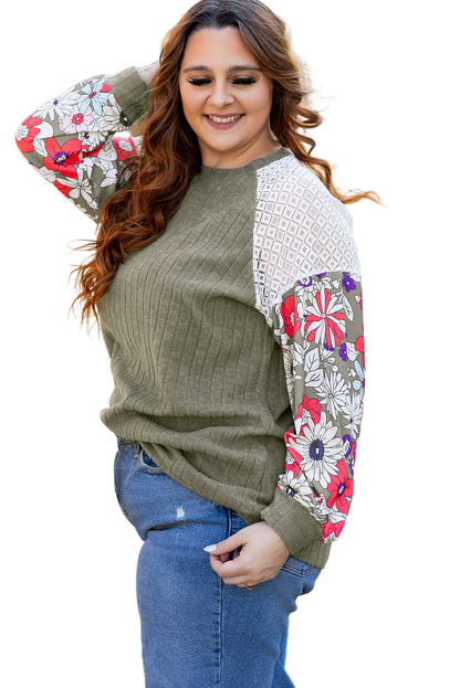 Vineyard Green Plus Size Textured Floral Patchwork Raglan Sleeve Top Garden Naked Curves