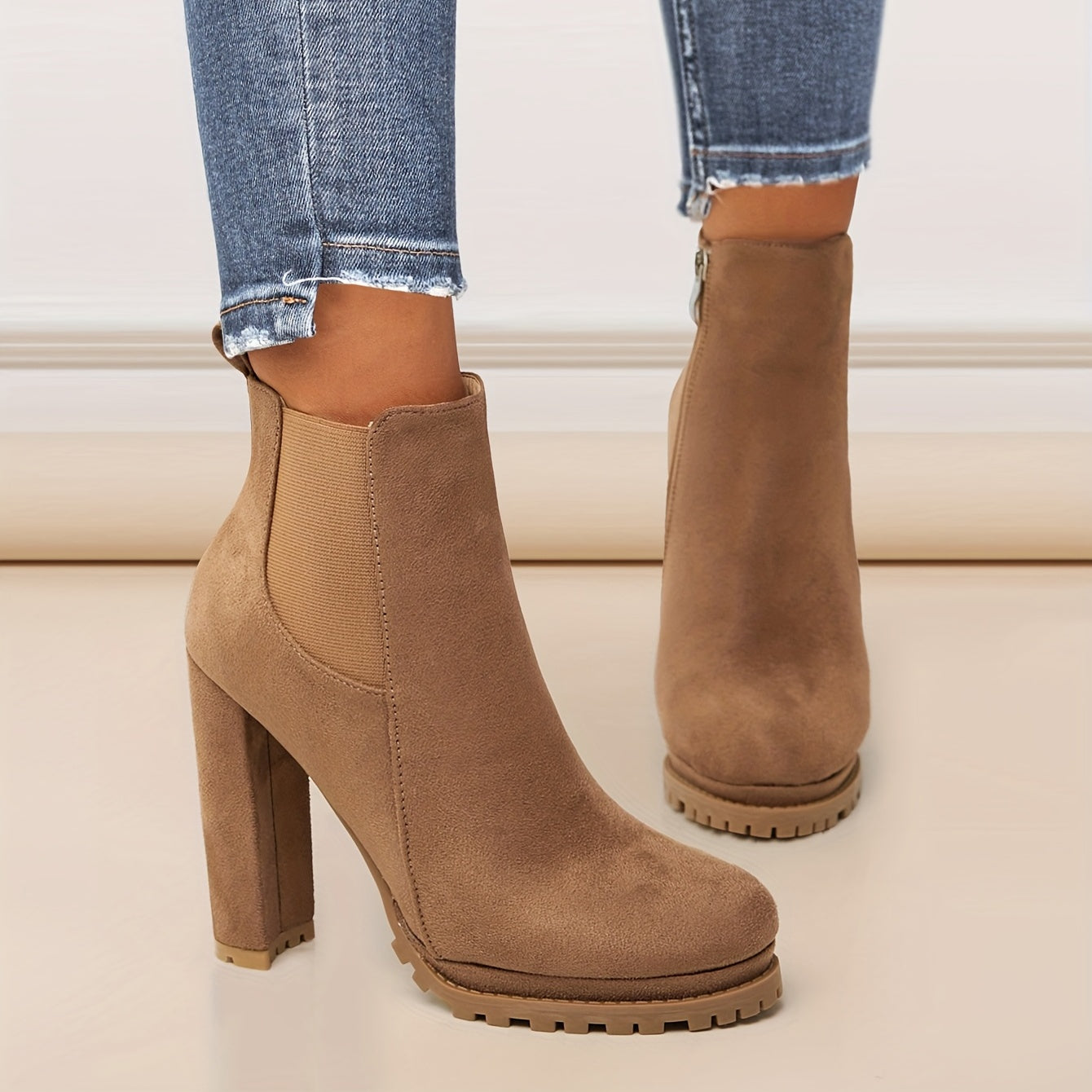 Women's Pointed Toe Short Boots, Tound Toe Side Zipper Chunky Heeled Platform Ankle Boots, Women's Footwear NovaCart