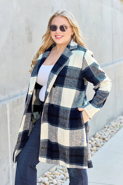 Double Take Full Size Plaid Button Up Lapel Collar Coat West2East Surf
