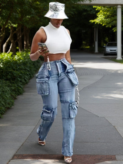 New Women's Casual And Versatile Multi-pocket Work Pants, Mid-waisted Washed Straight-cut Jeans See size chart under “more details” The Fashion Celestial