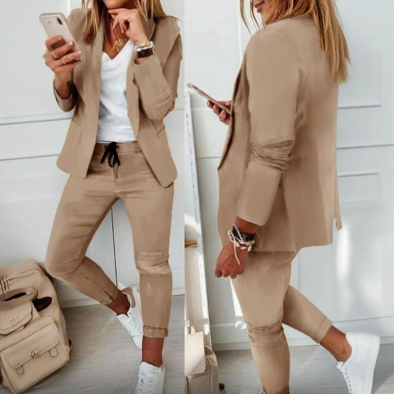 Women’s Notch-Lapel Blazer & Drawstring Pants Suit Set FitiqueFit