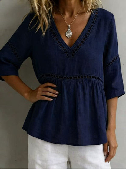 Women's V-Neck Hollow-Out Fringe Cotton-Linen Top FitiqueFit