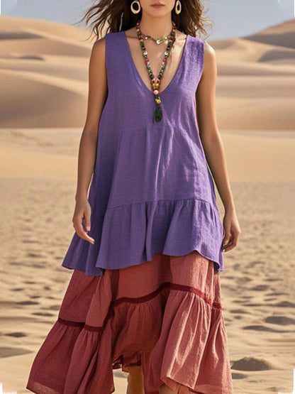 Women's Sleeveless Color-Block Patchwork Maxi Dress – V-Neck FitiqueFit