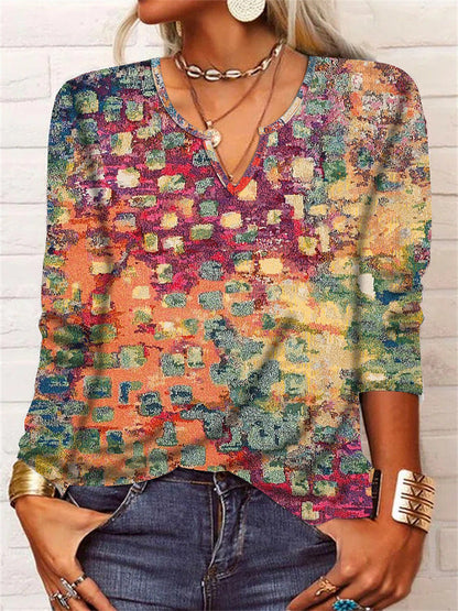 Women's Ethnic Print V-Neck Long Sleeve Loose T-Shirt FitiqueFit
