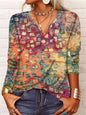 Women's Ethnic Print V-Neck Long Sleeve Loose T-Shirt FitiqueFit