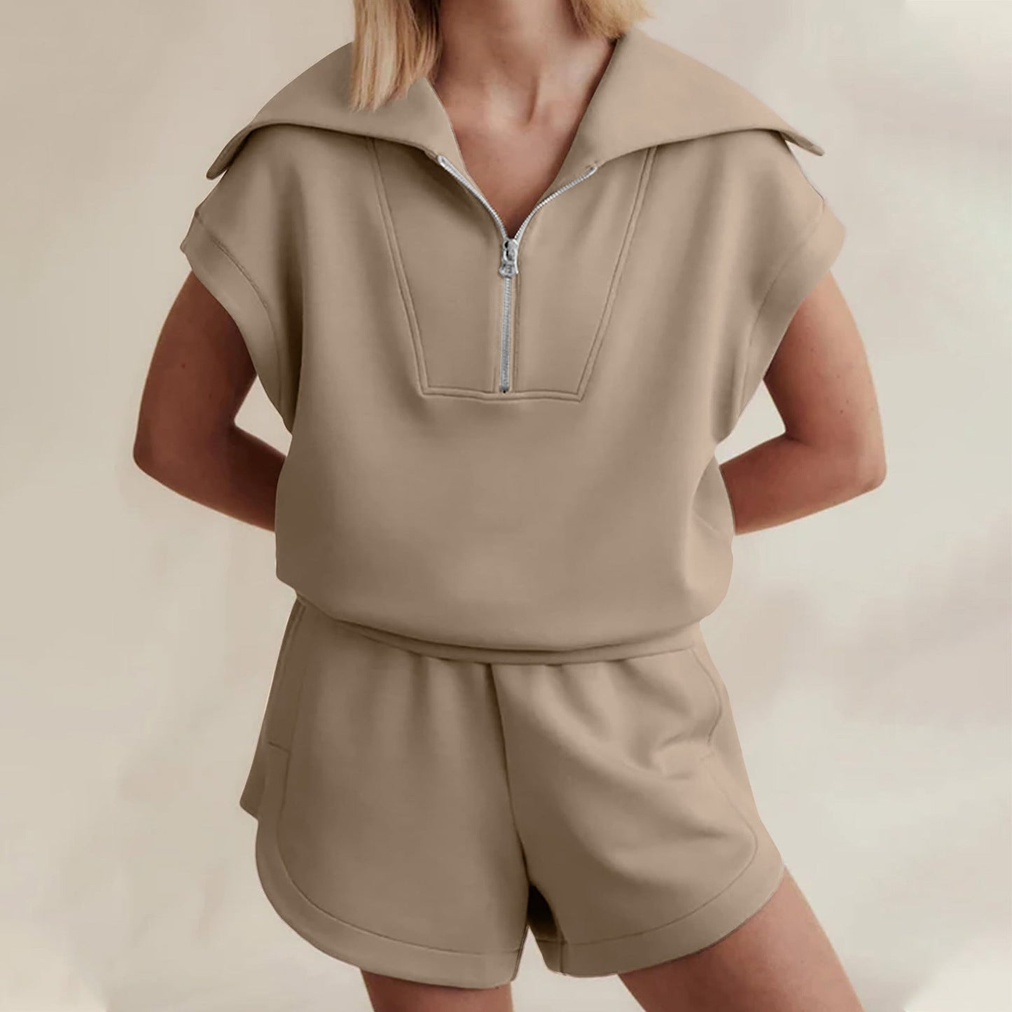 Half-Zip Lapel Sweatshirt & Shorts Two-Piece Set | 6 Colors FitiqueFit
