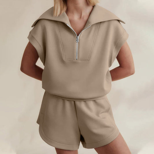 Half-Zip Lapel Sweatshirt & Shorts Two-Piece Set | 6 Colors FitiqueFit
